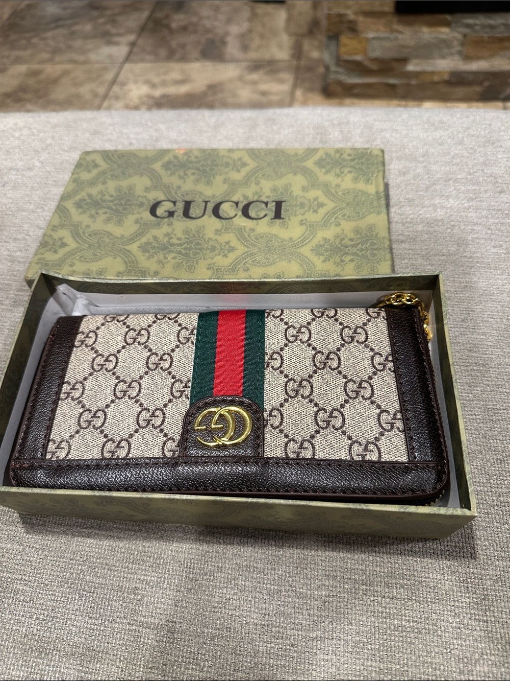 Defected brown Supreme Wallet with green and red stripe